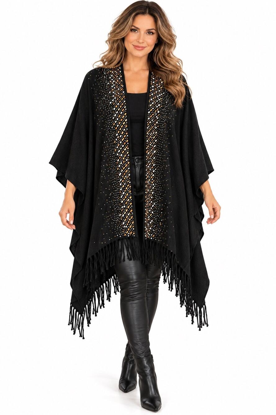 Jessica McClintock Black Rhinestone Poncho Wrap Shawl Fringe NWT Evening Fall